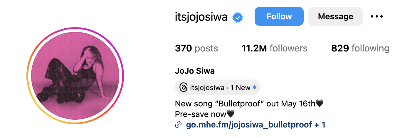 IG profile of JoJo Siwa, teen YouTube star and former Dance Moms kid,