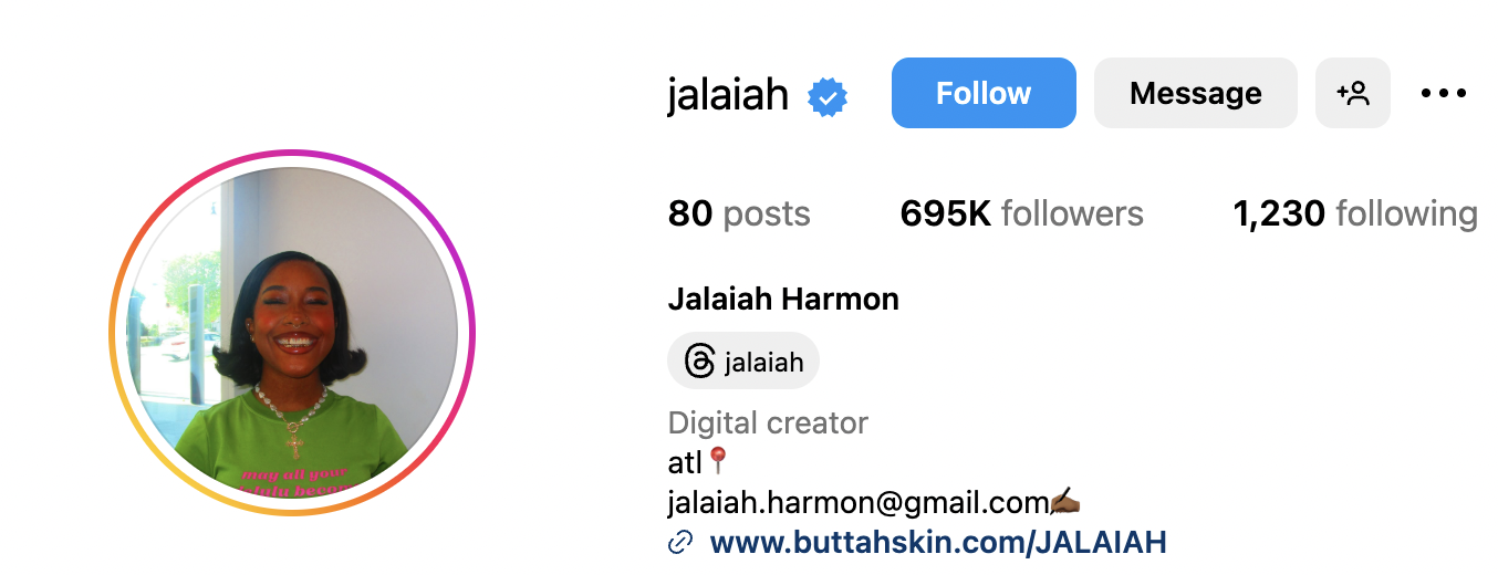 Screenshotof Jalaiah Harmon Instagram profile header