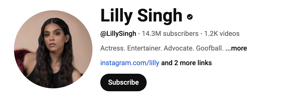 Lily Singh's youtube profile screenshot