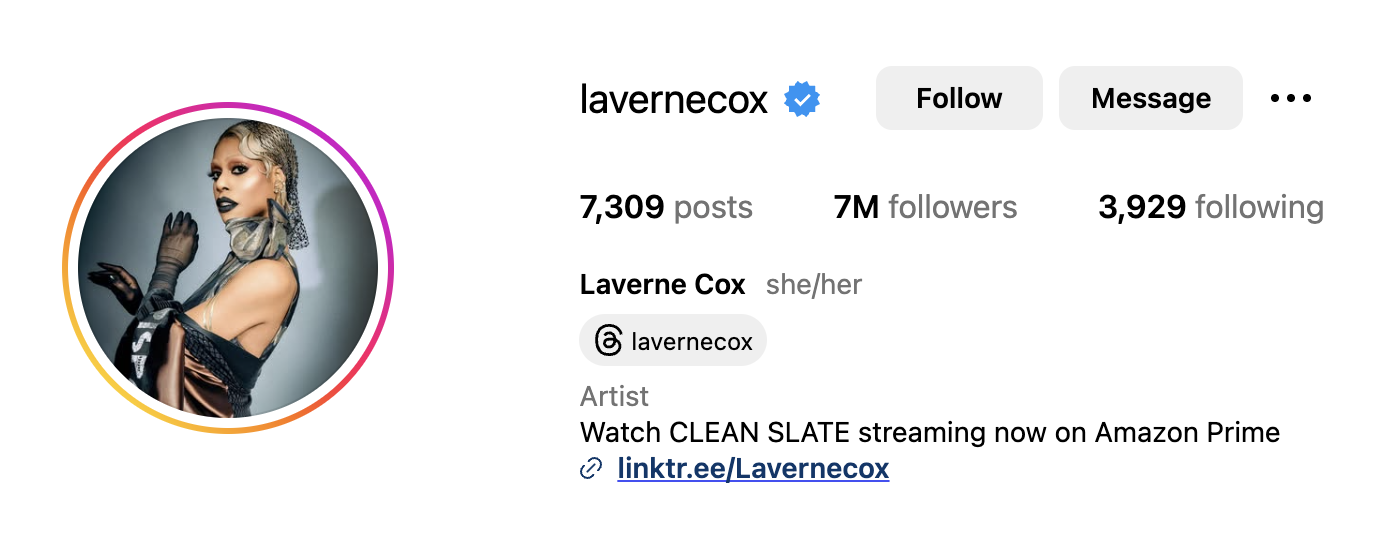 Laverne Cox IG profile - LGBTQ+ Influencer